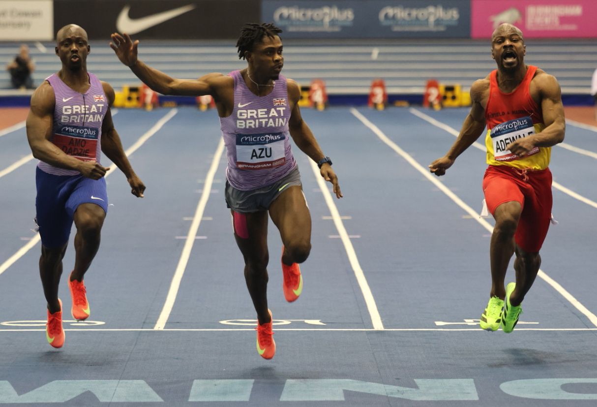 Jeremiah Azu crosses the line to claim gold. - UK Indoor Championships 2025.JPG