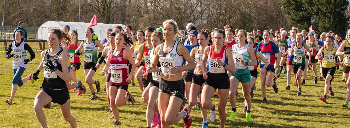 The start of the senior women's race at the 2023 Welsh Cross Country Championships.
