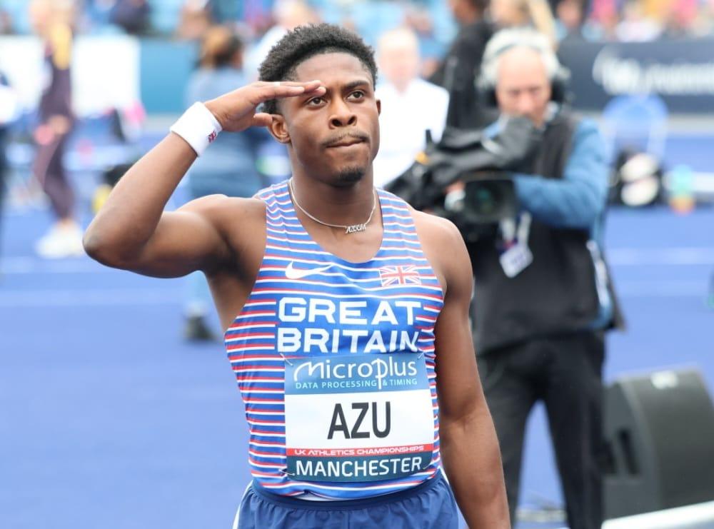 Jeremiah Azu salutes his 100m semi final win as he watches the replay on the big screen..jpeg